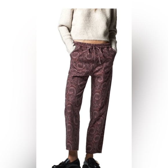 ZARA TRF Paisley Print Drawstring Pants ✨ Size Small | Burgundy boho Trousers - Picture 4 of 12